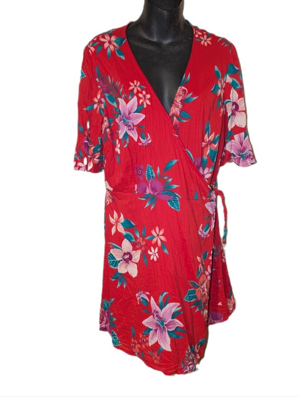 Old Navy Red Tropical Floral Wrap Dress Size L